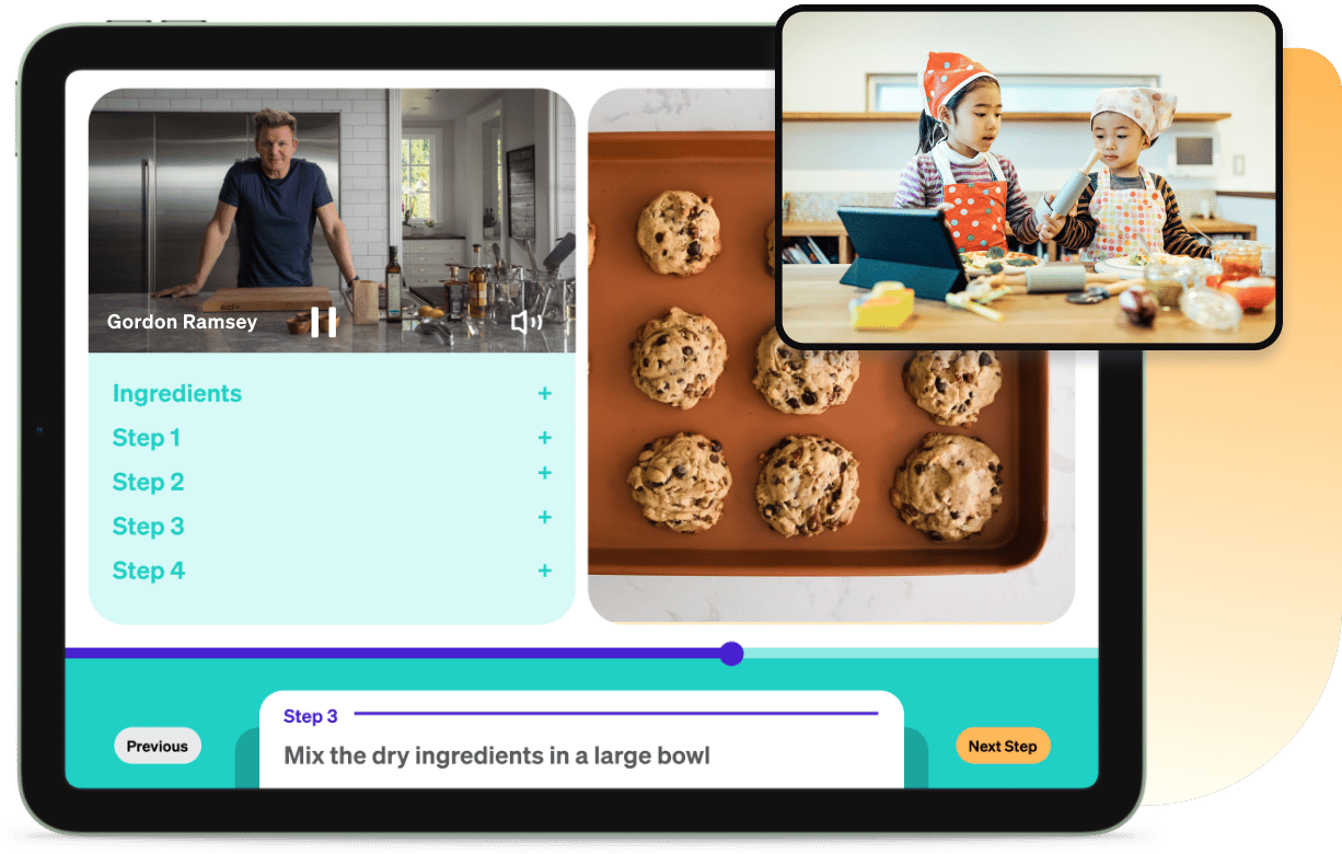 MasterClass Kids homepage screen with an instructor video playing next to a picture of fresh baked cookies. An image of two children watching and cooking along is juxtaposed in the top right corner.