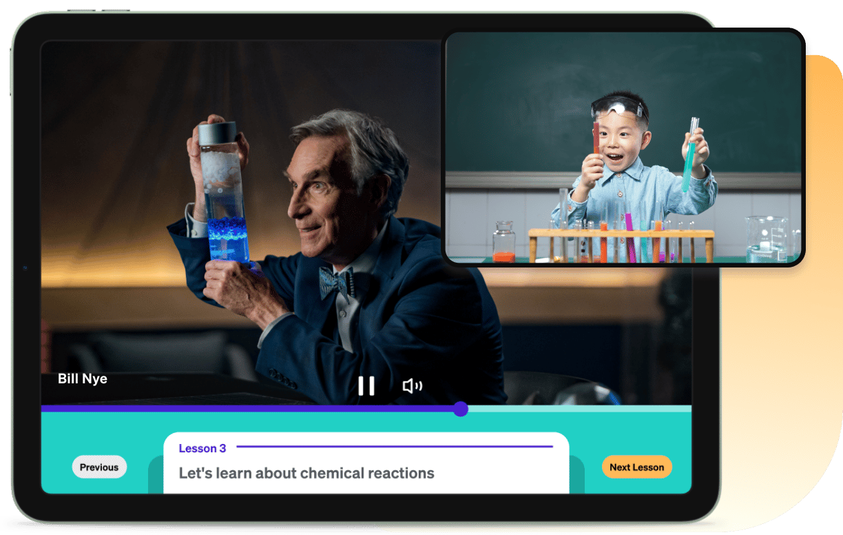 Child working on a science project is juxtaposed next to an instructor video on the MasterClass Kids homepage featuring Bill Nye.