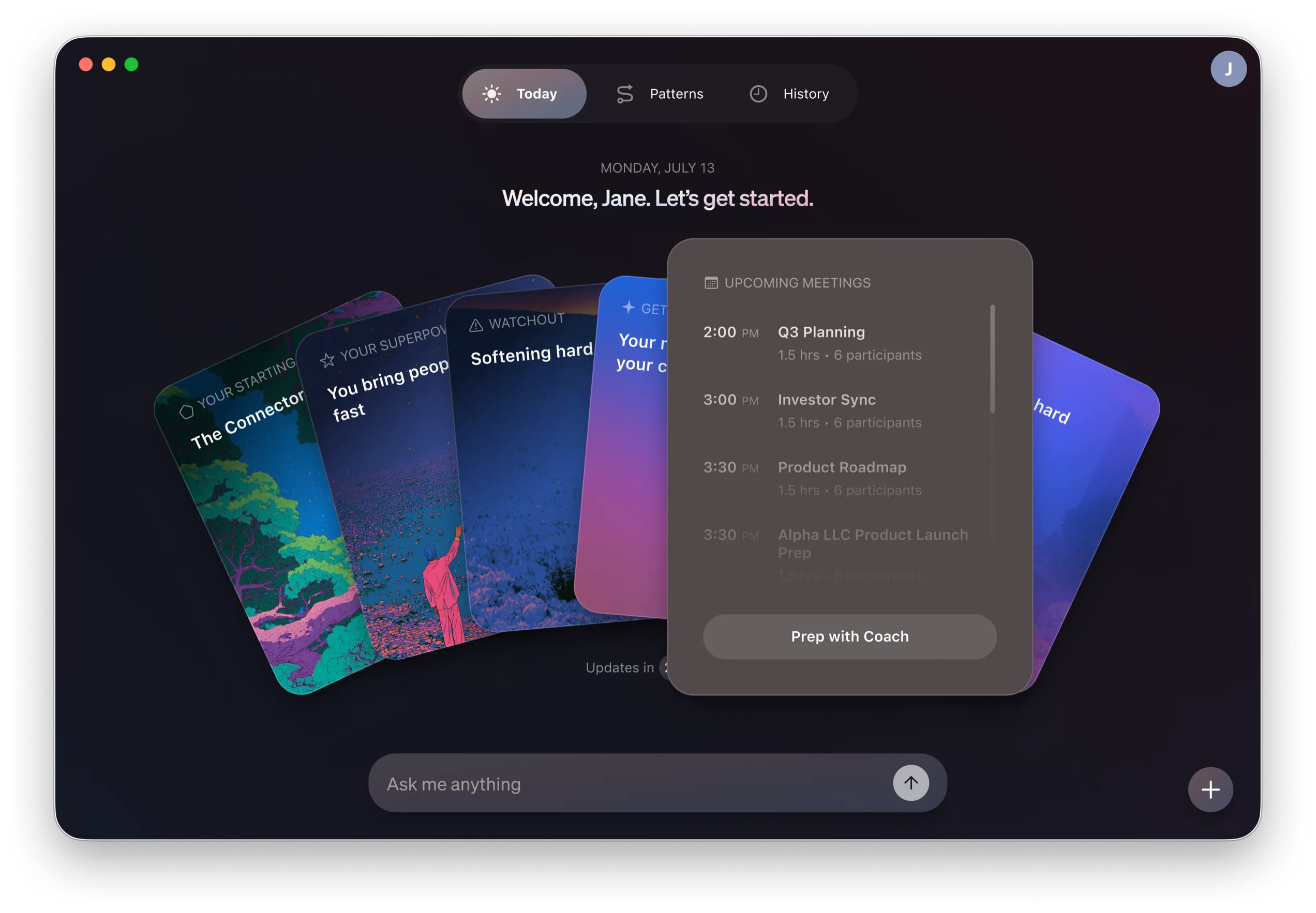 A preview of the MasterClass Coach desktop app showing the Today screen with a fan of insight cards, a panel of upcoming meetings, and a chat bar